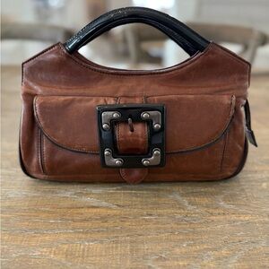 Tracy Reese Brown Leather Handbag with Black Patent Leather Accents